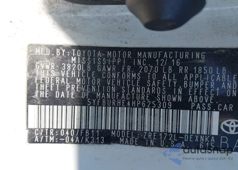 2017 Toyota Corolla Le z USA, uszkodzony, nr VIN 5YFBURHE4HP625309